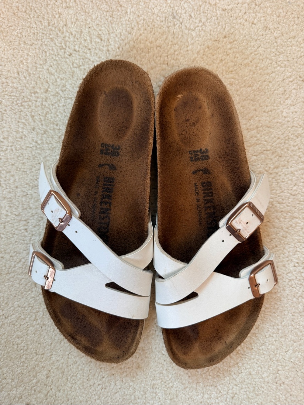 Birkenstock White Double-Strap Sandals with Rose Gold Buckles